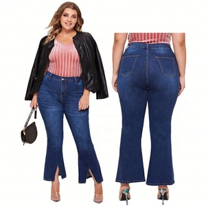 Jeans <span class=keywords><strong>de</strong></span> Alta Calidad para <span class=keywords><strong>Mujer</strong></span>, Talla Grande, Corte Ajustado, Abertura en el Dobladillo, Pierna Ancha, Elásticos, Casuales, <span class=keywords><strong>de</strong></span> Mezclilla, XL-5XL - Product Image 1