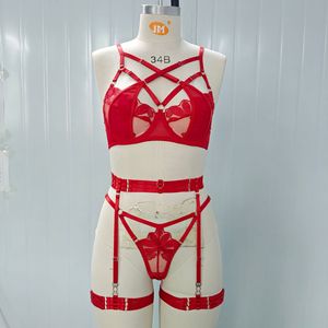 Wholesale Floral Lace Light 3Pcs Set Cut Sheer Bra <b>Thong</b> Multi-Strap Garter Belt Thigh Cuffs Women Sexy Breathable Nightwear OEM - Product Image 6
