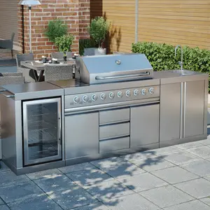 Cozinha externa de aço inoxidável 2023, com pia e grelha, ao ar livre, armário de cozinha, churrasco