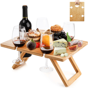Outdoor <b>Foldable</b> Beach Tray Portable Wooden Wine Picnic <b>Table</b> With Wine Holders - Product Image 1