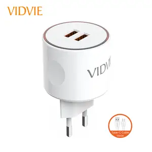VIDVIE PLE228プレミアム2.4AEU家庭用充電器、携帯電話用USB-Cケーブル、円形パワーライト/デュアルUSB-A出力充電器