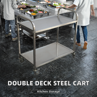 Carrito Utilitario de Doble Plataforma de Grado Comercial, Carro de Almacenamiento de Alimentos de Acero Inoxidable 201, Capacidad de 300 kg/Estantería, 4 Ruedas Giratorias con Frenos
