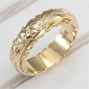 新设计女性雕刻玫瑰戒指14k镀金周年礼物时尚贵族多功能珠宝