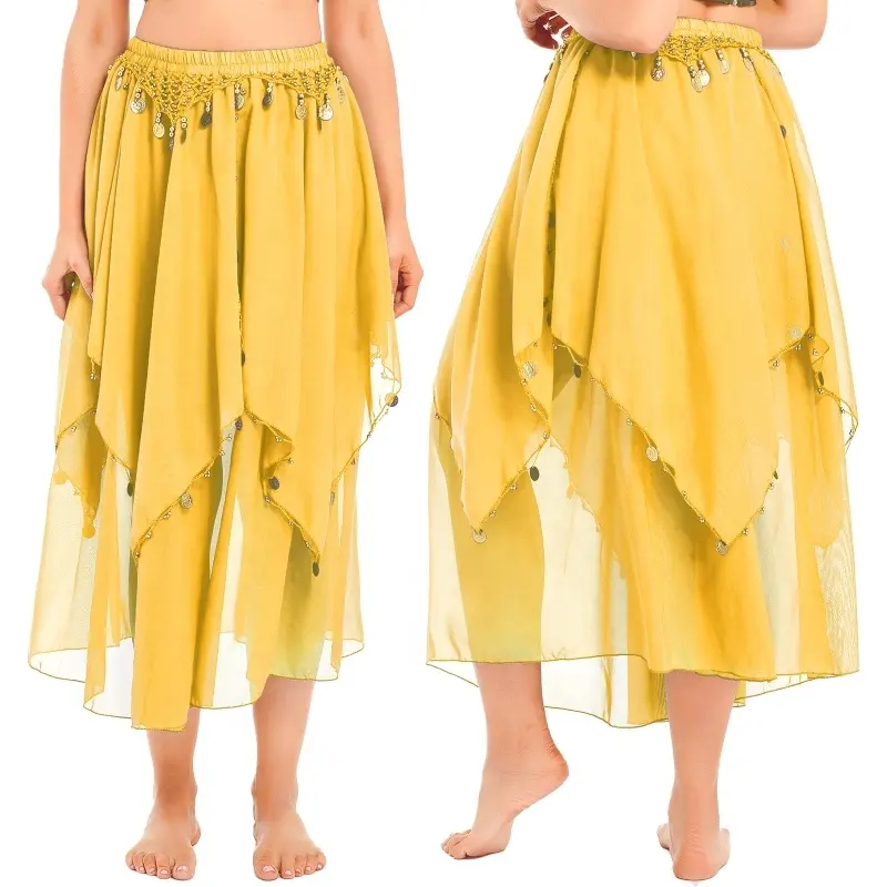 Stok Tersedia Rok Dancewear Sifon Payet Kostum Pertunjukan Wanita Rok Tari Perut Pinggang Elastis