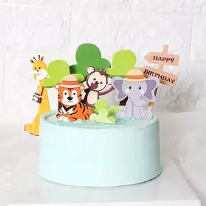 Cute Happy Birthday Jungle Animal Cake Topper Decoration Cartoon Forest Giraffe Tiger Collection Birthday Cupcake Toppers