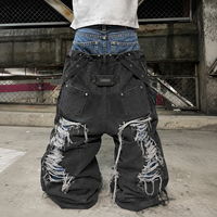 DiZNEW Jeans Baggy Gothique pour Homme, Coupe Large, Multi-Sangles, Effet Délavé, Denim Lourd, Style Darkwear, OEM