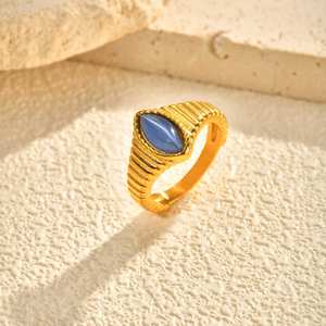 2025 European American Simple Women's Stainless Steel 18K Gold Plated Marquise Cat's Eye Stone <strong>Opal</strong> Band <strong>Ring</strong> - Product Image 4