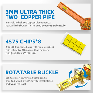 หลอดไฟหน้ารถ LED คุณภาพสูงส่องสว่าง 300W ท่อทองแดงคู่ระบายความร้อนไฟหน้า h4 ที่ 300 เมตร - Product Image 3