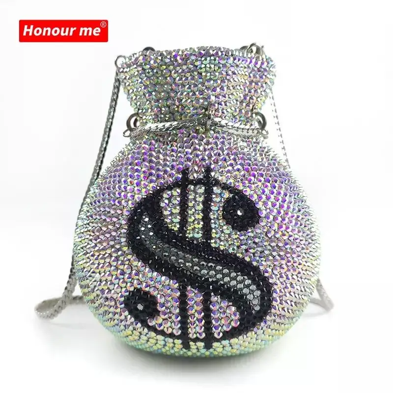 Dollar Sign Pouch Shine Rhinestone Handbags Bling Diamond Chain Bag Party Money rhinestone purses High Quality Luxury Clutch Bag