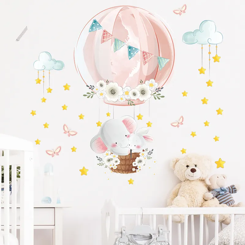 Pink hot air balloon Elephant rabbit Wall Stickers, Moon Stars Wall Decals for Nursery Kids Room Living Room Bedroom Decorations