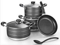 Ensemble de 8 ustensiles de cuisine en aluminium de haute qualité avec couvercle en verre trempé et poignée rivetée en bakélite – Ustensiles de cuisine professionnels en gros