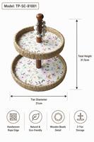Support à gâteaux rustique fait main à 2 niveaux en rotin tressé à motif floral, avec poignée en bois, plateau de service décoratif pour la maison