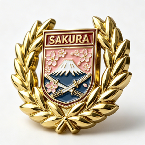Badge souvenir en métal Sakura Shield plaqué or, émail dur, avec le mont Fuji et des fleurs de cerisier - Product Image 4