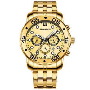 Reloj de pulsera de cuarzo para hombre, cronógrafo dorado luminoso, resistente al agua hasta 30M, esfera grande, multifunción, marca de lujo personalizada