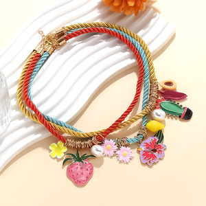 Perhiasan modis kalung liontin bunga kaktus stroberi keren manis kalung bunga buah tali Multi lapisan - Product Image 4