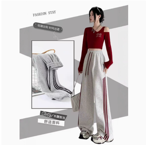 Pantalones de chándal de punto para mujer, de cintura alta, pierna ancha, ajuste holgado, anti-bolitas, con estampado serigrafiado, lisos, con cordón, informales de otoño, OEM - Product Image 5