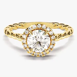 טבעת אירוסין יהלומי הילה 14 קראט 18 קראט זהב מוצק טבעת הבטחה חבל מעוות טבעת יהלום מעבדה עגולה מבריקה