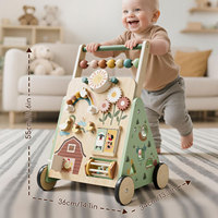 Chariot de marche en bois 7-en-1 de petite taille pour bébé, avec jeu d'activités triangulaire et fonction poussette