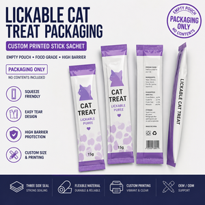Individuell bedruckte, leckbare Katzenleckerli-Verpackung: Lange Stick-Beutel für Katzenpüree und Nassfutter zum Auspressen - Product Image 1