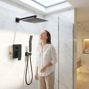 Ensemble <span class=keywords><strong>de</strong></span> douche mural noir carré en acier inoxydable avec mitigeur pluie 2 fonctions et douchette à main - Product Image 1