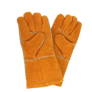 Cheap Yellow Heat Resistant Cow Split Leather Mitten Argon Arc Welding Safety Electric Welding Gloves