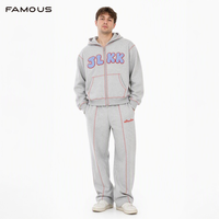 Ensemble de survêtement personnalisé à capuche zippé avec surpiqûres contrastées pour homme, en coton French Terry 380 GSM, coupe oversize, effet délavé, style streetwear, vente en gros