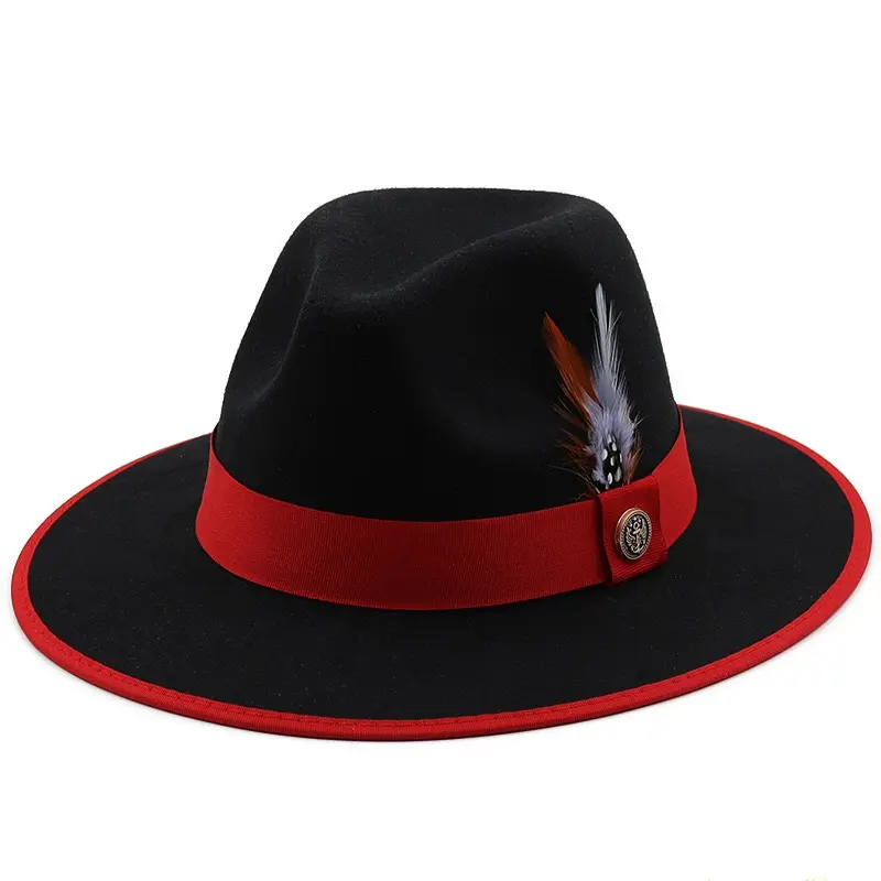 2022 New Fadora Hat Contrast Color Ribbon Button Feather Decoration Fedora Hats for Men Party Church Events Fashion Dress