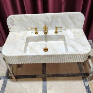 Lavabo mural de luxe en marbre cannelé durable avec crédence, lavabo de salle de bain en pierre naturelle fait main - Product Image 2