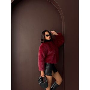 Topshow Women's Luxurious Burgundy Faux Fur Top, 100% Polyester Solid Color Long Sleeve Casual <b>Winter</b> Outerwear - Product Image 2