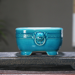 Maceta Cuadrada de Cerámica para Bonsái con Cara de León, Esmalte Verde, Estilo Chino, Maceta Pequeña - Product Image 2