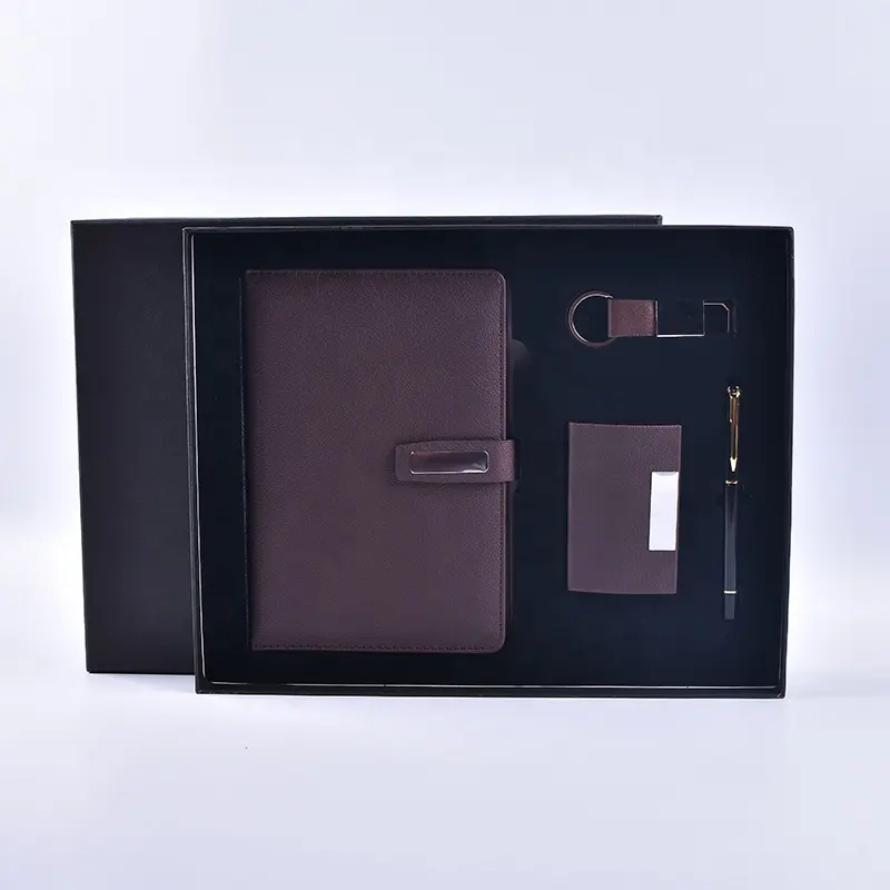 Luxury Metal Keychain Office Business A5 PU Leather Lined Notebook With Pen And Card Holder