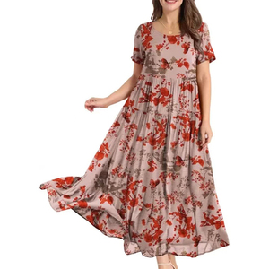 Robe longue bohème décontractée personnalisée à imprimé floral en coton à manches courtes, élégante, de haute qualité, imprimée, pour l'été, lavable, style plage naturel - Product Image 1