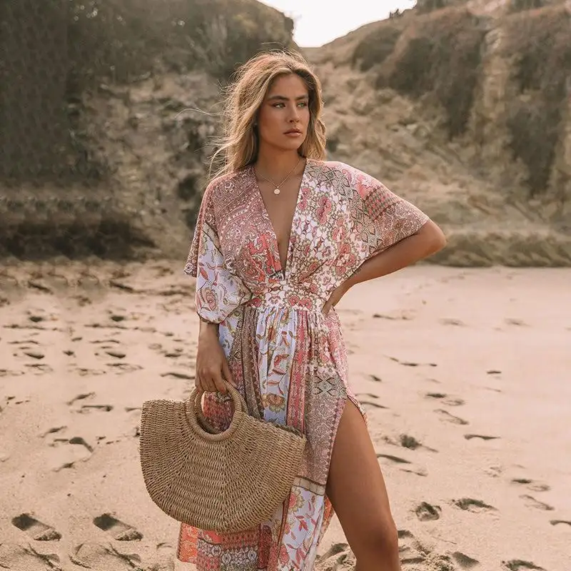 2023 Frauen Badeanzug Cover Up Ärmel Kaftan Beach Tunika Kleid Robe De Plage Print Baumwolle Pareo High Collar Beach wear