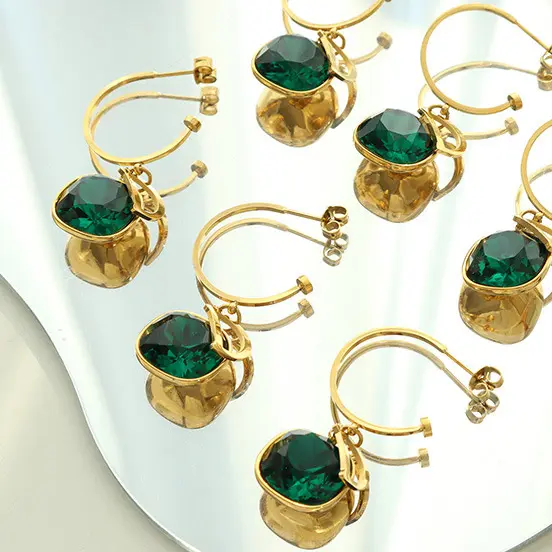 Fashion Jewelry Green Crystal Drop Earrings 18k Gold Plated Stainless Steel Earrings for Women