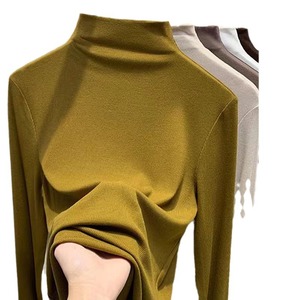 High Neck Long Sleeve Solid Color T-Shirt Women Autumn Winter Warm Slim Fit Base <b>Layer</b> Fleece Lined Stretchy Knit <b>Top</b> - Product Image 5