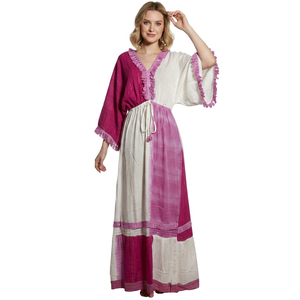 Color Blocked Maxi Dress V-<b>Neck</b> Three Quarter Sleeve Chiffon Tassel Detail Empire Gown Summer Wear boho dresses - Product Image 1