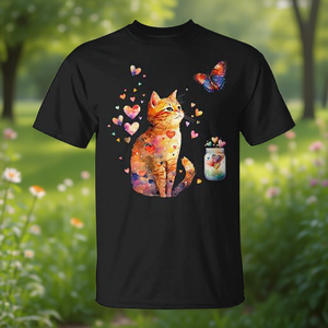 Camiseta con diseño de gato tabby naranja con corazones y mariposas para amantes de los gatos, manga corta, cuello redondo, unisex, para adultos, impresión digital - Product Image 3