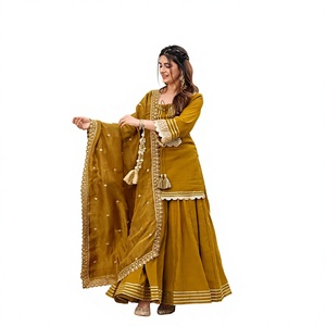 Conjunto de Kurta Tradicional Indio-Pakistaní para Mujer, Color Mostaza, con Dupatta Bordada, Largo hasta el Suelo, de Rayón, Corte Holgado, para Bodas - Product Image 1
