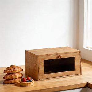 Boîte à pain en bambou 39x22x19 cm avec fenêtre en verre, rangement moderne pour le pain et les gâteaux - Product Image 1
