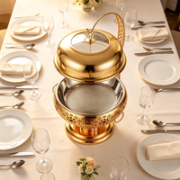 Plat de service de luxe doré 8L en acier inoxydable, chauffé à l'alcool, anti-blocage, rond, ajouré, avec contrôle manuel de la température, pour buffet