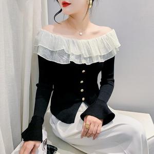 Pull à manches longues pour femme avec col à volants et manches <span class=keywords><strong>évasée</strong></span>s pour l'automne-hiver, style t-shirt sexy - Product Image 1
