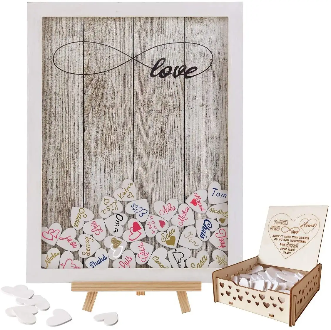 Wedding Gift White Drop Top Frame Sign Guest Book with 100PCS Wooden Hearts