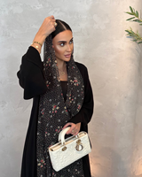 Abaya ouverte à imprimé floral noir de luxe sur mesure en gros à Dubaï pour femmes, ensemble hijab en mousseline, robe musulmane