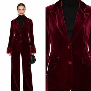 Conjunto de 2 Piezas de Blazer y Pantalones Anchos de <span class=keywords><strong>Terciopelo</strong></span> para <span class=keywords><strong>Mujer</strong></span> - Puños de Piel Sintética con Plumas, Conjunto Formal Sehe Fashionbisou - Product Image 2