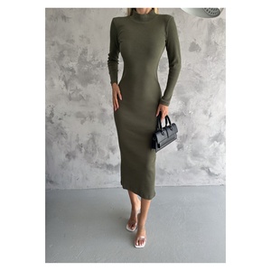 Vestido Largo Ajustado de Punto Acanalado con Cuello Alto para Mujer, Cintura Natural 135 cm, Estilo Modesto - Product Image 1