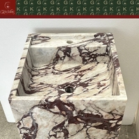Évier autoportant en marbre Calacatta Viola de conception personnalisée GOLDKING, base blanche, veines riches en violet et brun, sculpté avec précision par CNC