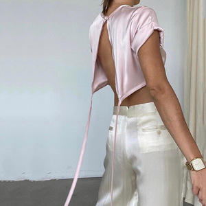 Cropped Top Women Pink Satin Short Sleeve Backless <b>Tie</b> Front Solid Color T Shirt - Product Image 2