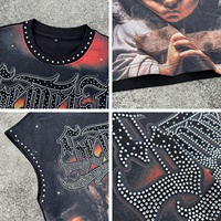 Débardeur sans manches en coton épais 100% tricoté, style designer, avec strass, coupe carrée courte, imprimé graphique personnalisé, vintage