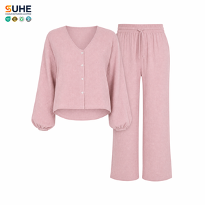 Conjunto de Pijama de Gasa Arrugada 100% Algodón para Mujer, Cuello en V, Manga Larga, con Botones, OEM ODM, Personalizado por SUHE - Product Image 1