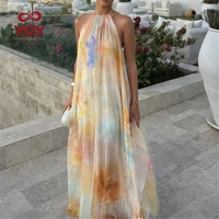 Robe longue décontractée pour femmes, imprimée, col ouvert, style bohème, plage, vêtements maxi